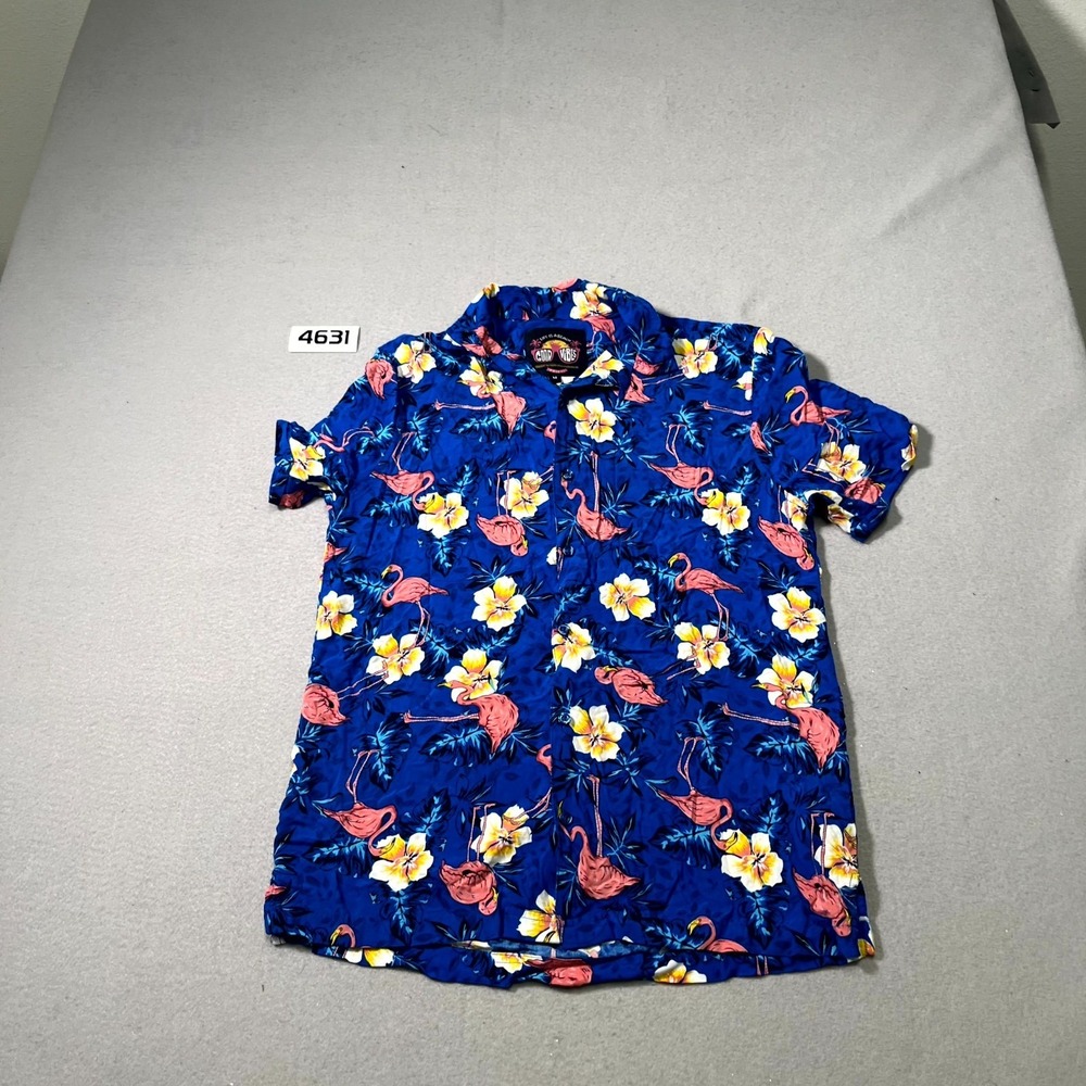 Good Vibes Clothing Co Hawaiian Shirt Mens Blue Medium Flamingo Floral Button Up